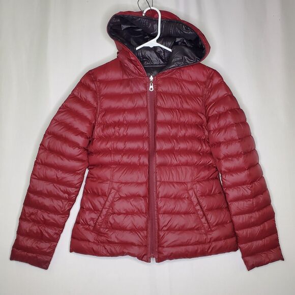 Nautica Packable Down Puffer Jacket Women Medium Reversible Hood Zip Red Black - Picture 2 of 8